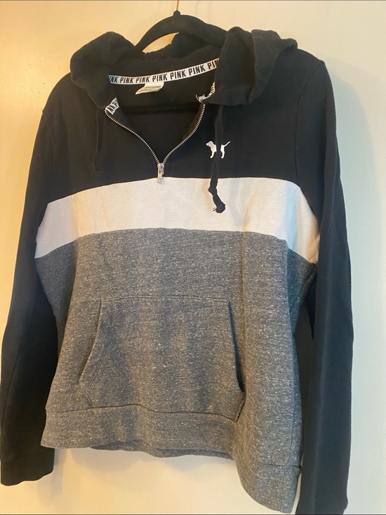 PINK Victoria's Secret Tops - PINK Victoria's Secret Colorblock Half-Zip Hoodie - Black, White & Gray